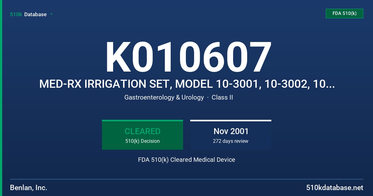 K010607 MED-RX IRRIGATION SET, MODEL 10-3001, 10-3002, 10-4000, 10-4001 FDA 510(k) Cleared Medical Device