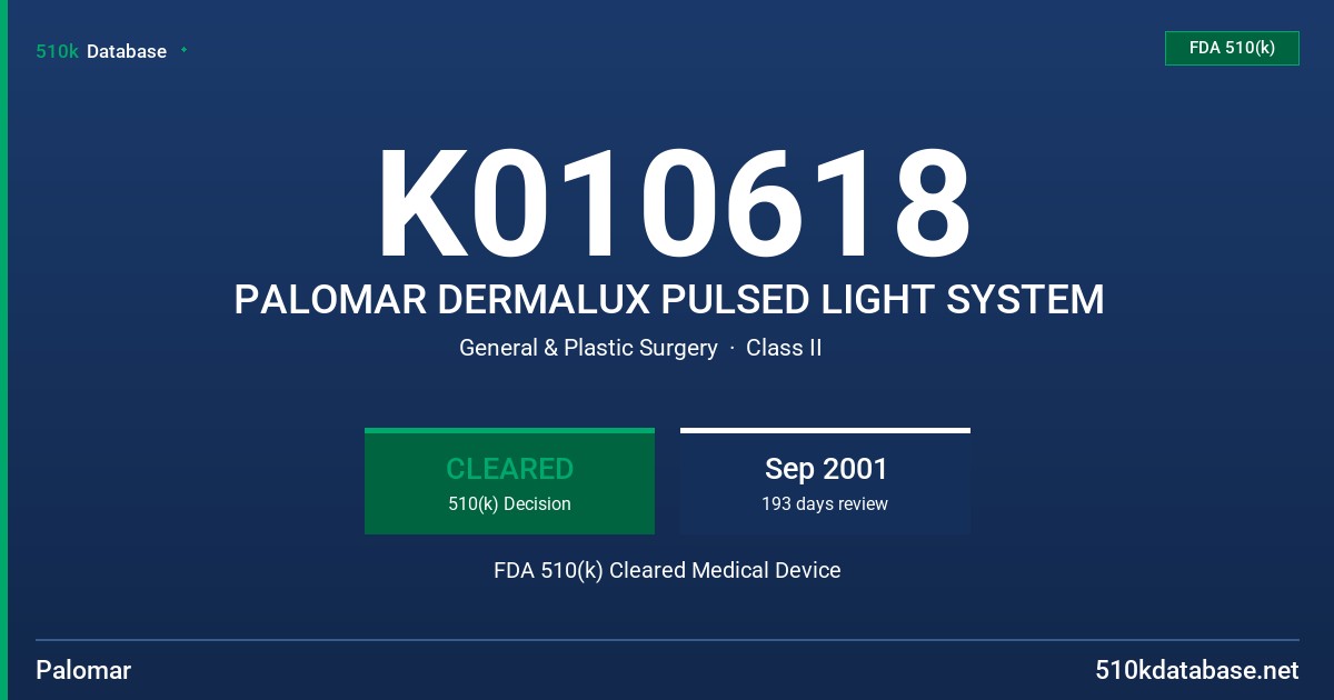 K010618 PALOMAR DERMALUX PULSED LIGHT SYSTEM FDA 510(k) Cleared Medical Device