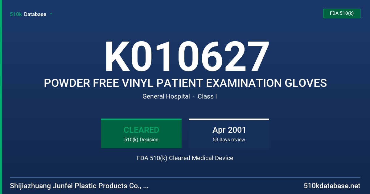 K010627 POWDER FREE VINYL PATIENT EXAMINATION GLOVES FDA 510(k) Cleared Medical Device