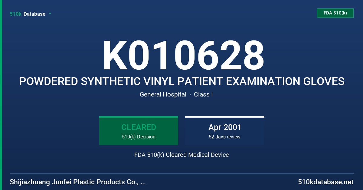 K010628 POWDERED SYNTHETIC VINYL PATIENT EXAMINATION GLOVES FDA 510(k) Cleared Medical Device