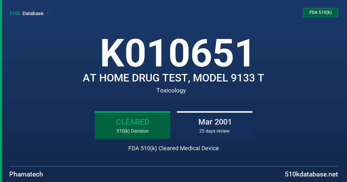 K010651 AT HOME DRUG TEST, MODEL 9133 T FDA 510(k) Cleared Medical Device