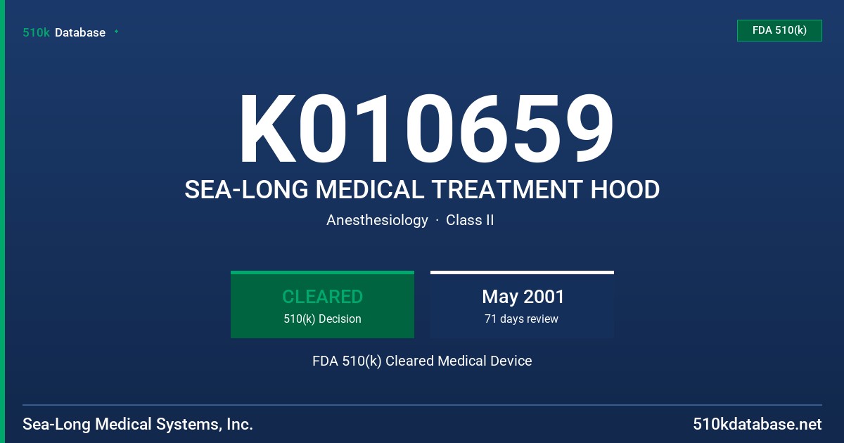 K010659 SEA-LONG MEDICAL TREATMENT HOOD FDA 510(k) Cleared Medical Device