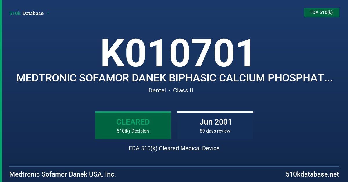 K010701 MEDTRONIC SOFAMOR DANEK BIPHASIC CALCIUM PHOSPHATE (BCP) BONE VOID FILLER FDA 510(k) Cleared Medical Device