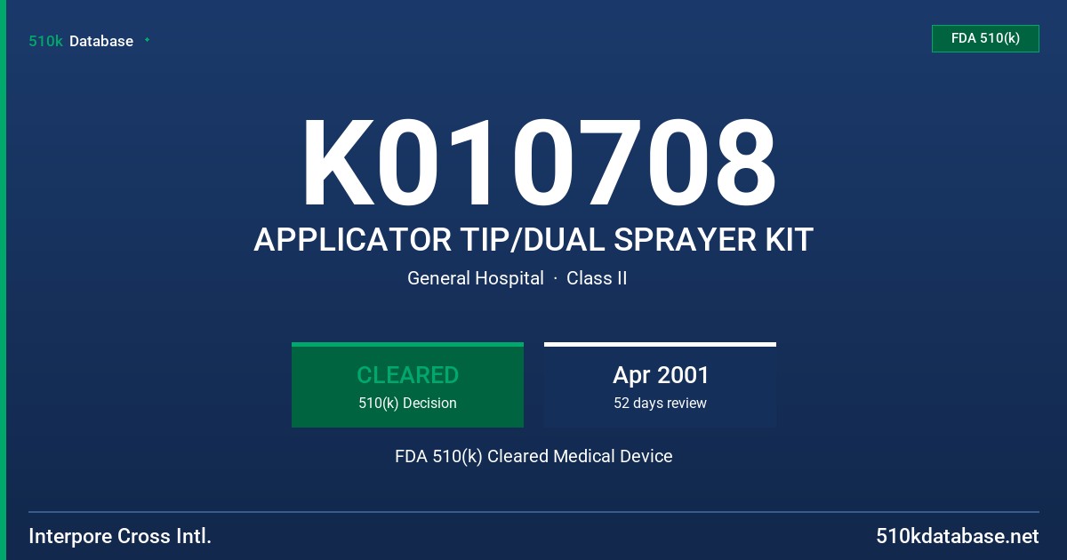 K010708 APPLICATOR TIP/DUAL SPRAYER KIT FDA 510(k) Cleared Medical Device