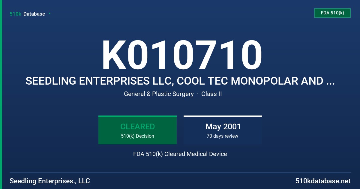 K010710 SEEDLING ENTERPRISES LLC, COOL TEC MONOPOLAR AND BIPOLAR REUSABLE ELECTRODES FDA 510(k) Cleared Medical Device