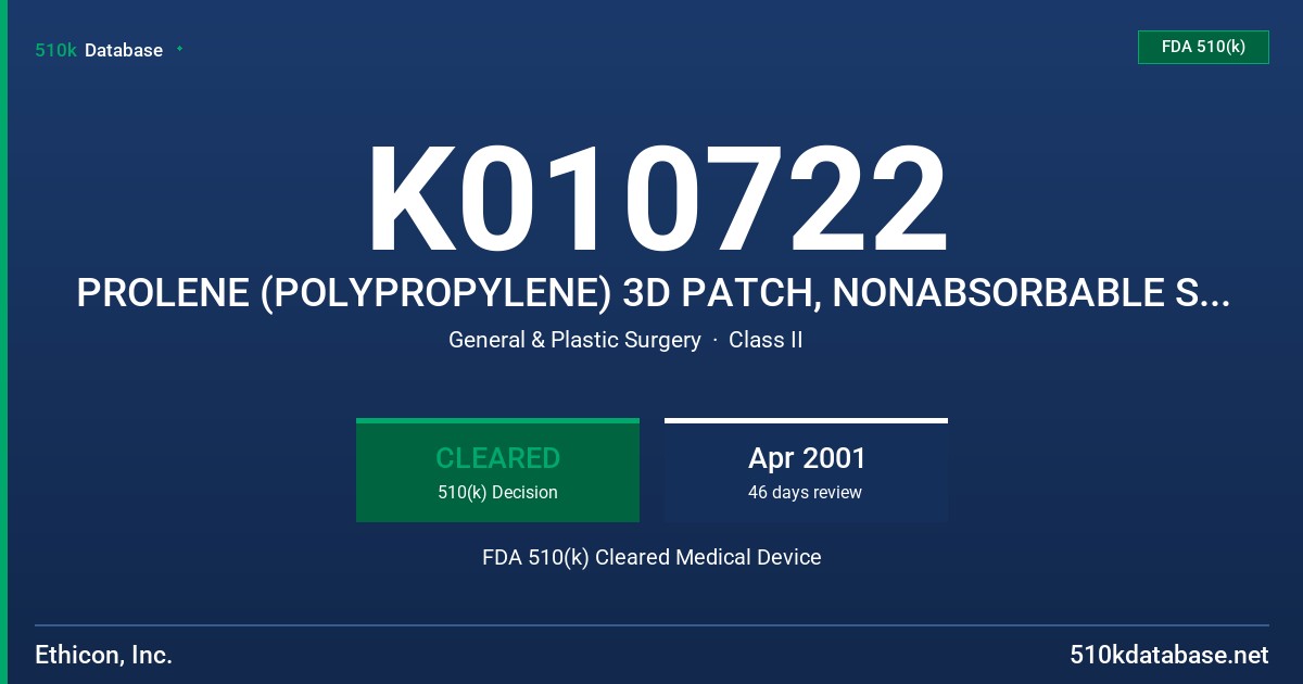 K010722 PROLENE (POLYPROPYLENE) 3D PATCH, NONABSORBABLE SYNTHETIC SURGICAL MESH FDA 510(k) Cleared Medical Device