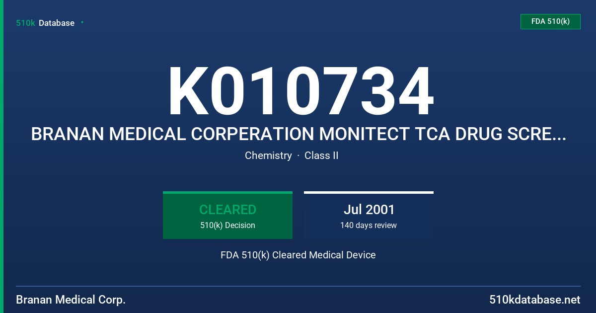 K010734 BRANAN MEDICAL CORPERATION MONITECT TCA DRUG SCREEN TEST, MODEL MC21 AND MD21 FDA 510(k) Cleared Medical Device