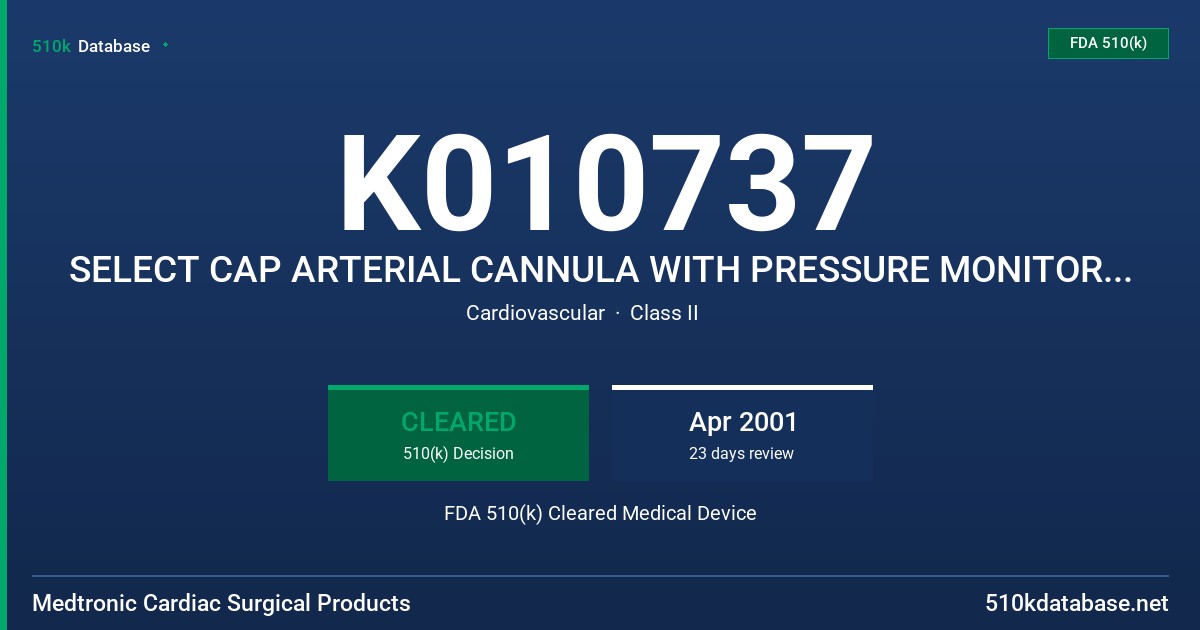 K010737 SELECT CAP ARTERIAL CANNULA WITH PRESSURE MONITORING LINE, MODEL 78818,78820,78822,78824,78918,78920,78922,78924 FDA 510(k) Cleared Medical Device