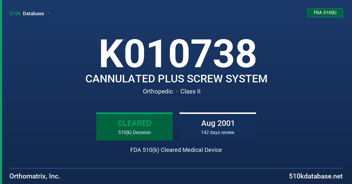 K010738 CANNULATED PLUS SCREW SYSTEM FDA 510(k) Cleared Medical Device