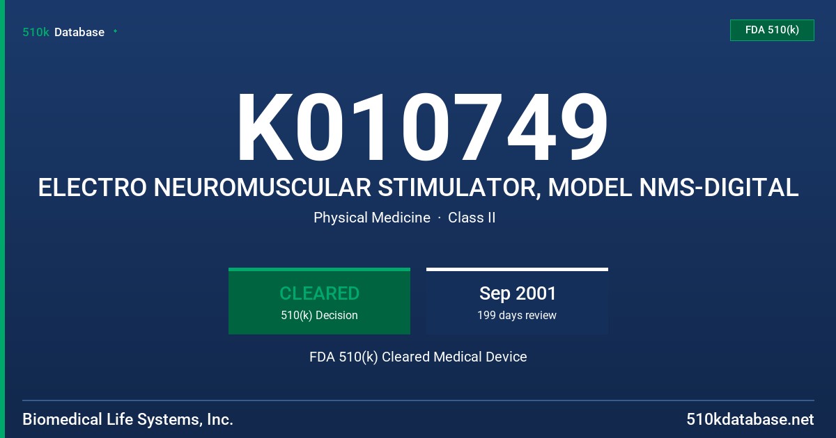 K010749 ELECTRO NEUROMUSCULAR STIMULATOR, MODEL NMS-DIGITAL FDA 510(k) Cleared Medical Device