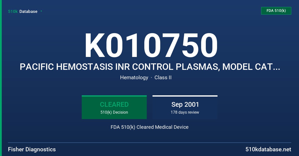K010750 PACIFIC HEMOSTASIS INR CONTROL PLASMAS, MODEL CATALOG 100560 FDA 510(k) Cleared Medical Device