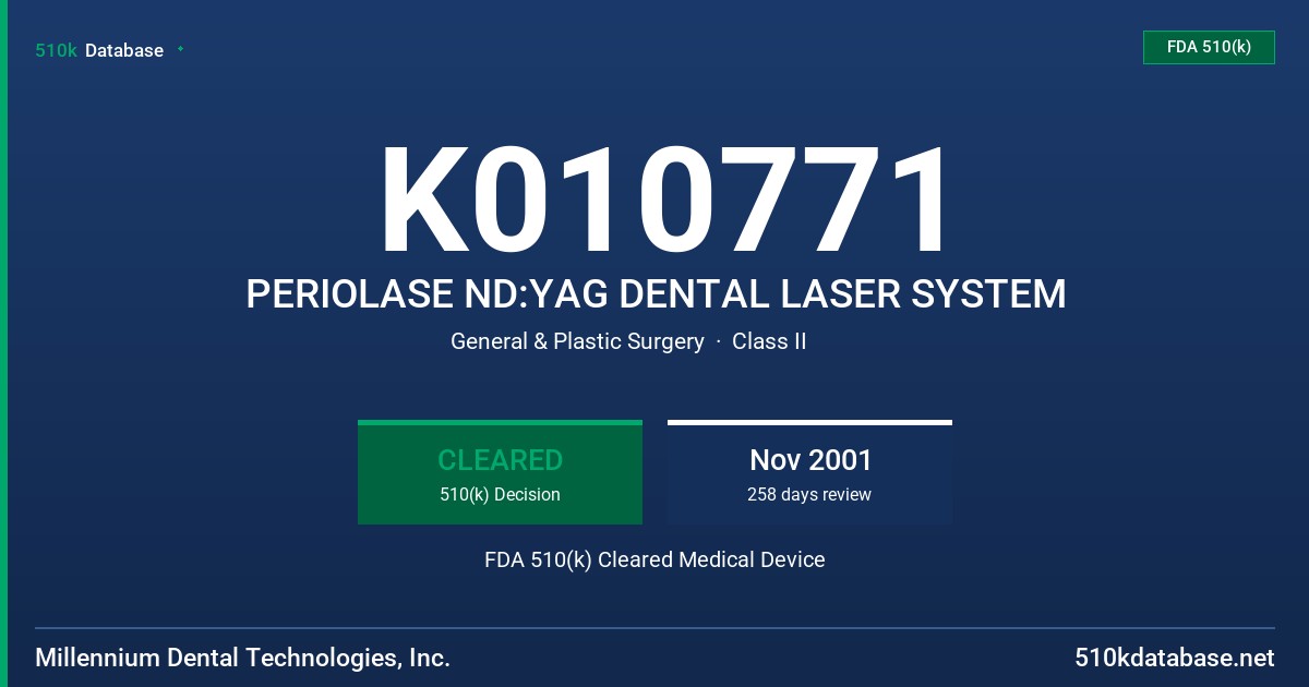 K010771 PERIOLASE ND:YAG DENTAL LASER SYSTEM FDA 510(k) Cleared Medical Device