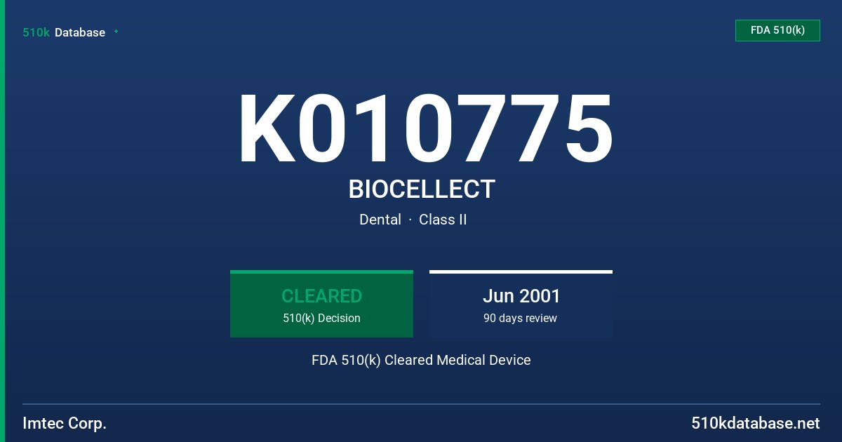 K010775 BIOCELLECT FDA 510(k) Cleared Medical Device