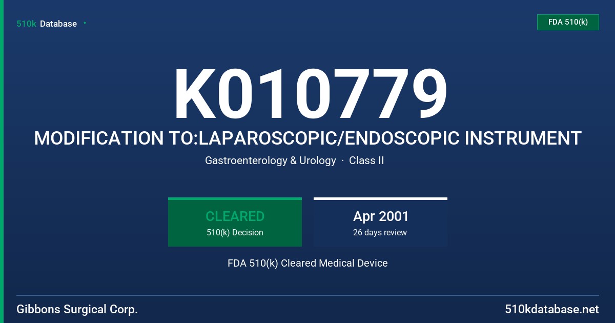 K010779 MODIFICATION TO:LAPAROSCOPIC/ENDOSCOPIC INSTRUMENT FDA 510(k) Cleared Medical Device