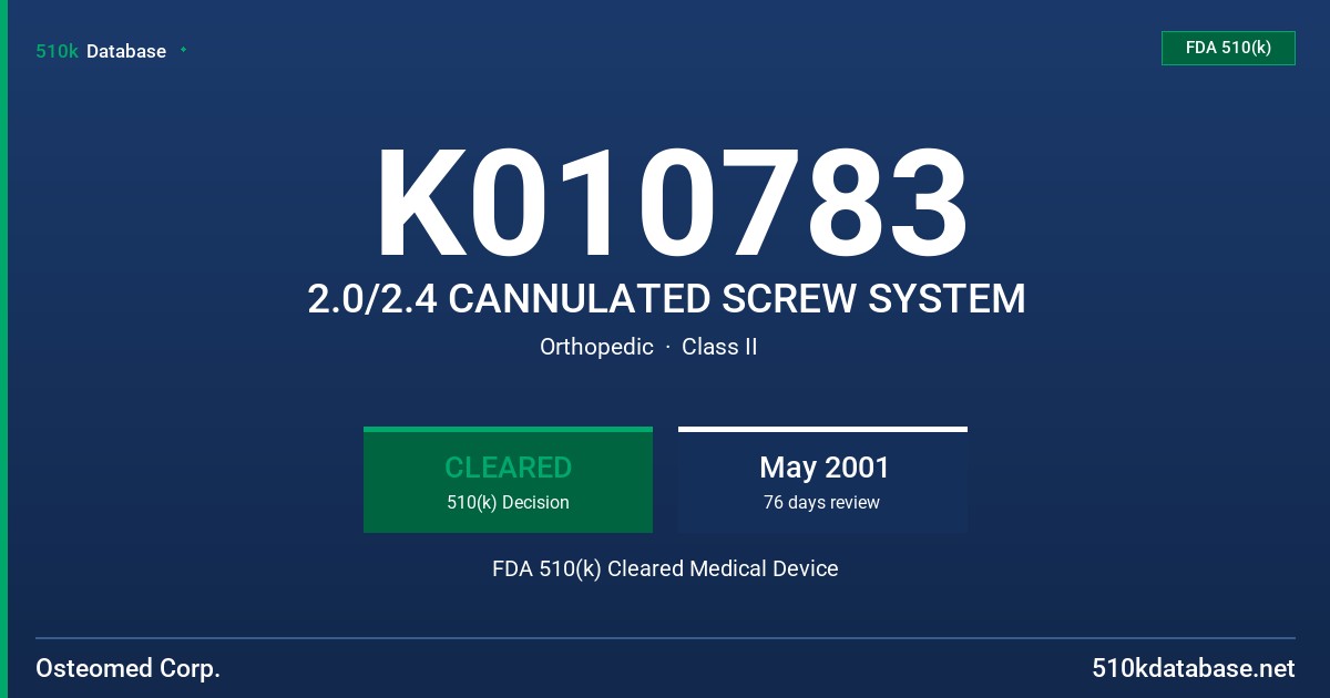 K010783 2.0/2.4 CANNULATED SCREW SYSTEM FDA 510(k) Cleared Medical Device