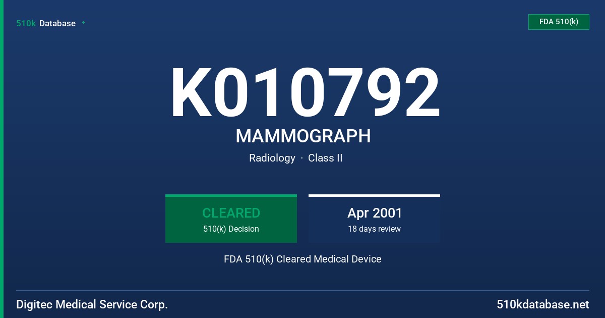 K010792 MAMMOGRAPH FDA 510(k) Cleared Medical Device