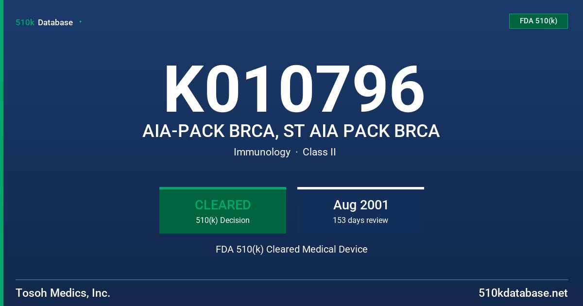 K010796 AIA-PACK BRCA, ST AIA PACK BRCA FDA 510(k) Cleared Medical Device