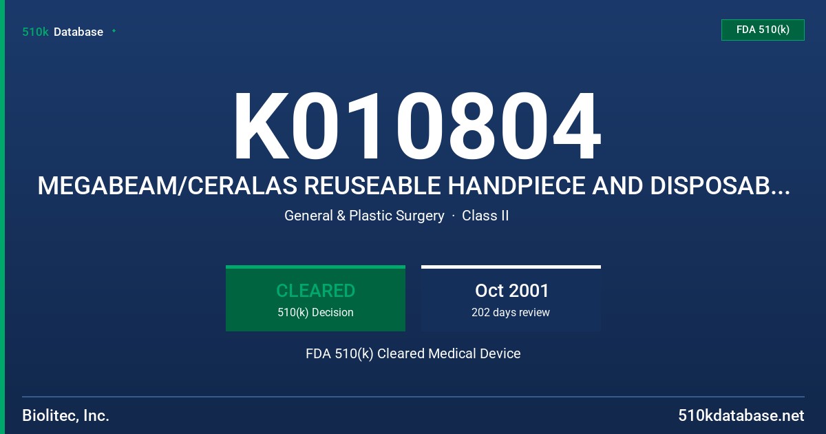 K010804 MEGABEAM/CERALAS REUSEABLE HANDPIECE AND DISPOSABLE TIPS FDA 510(k) Cleared Medical Device