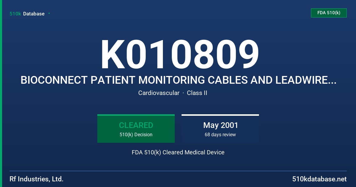K010809 BIOCONNECT PATIENT MONITORING CABLES AND LEADWIRES, CAT# 1000 THRU CAT# 40000 FDA 510(k) Cleared Medical Device
