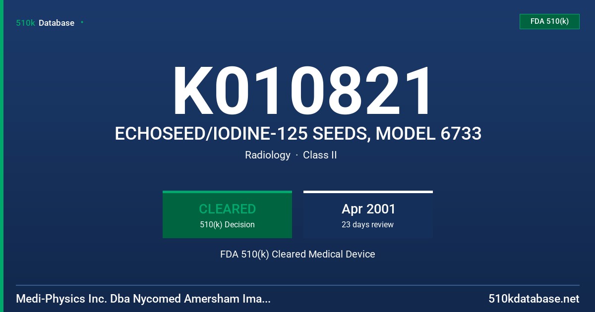 K010821 ECHOSEED/IODINE-125 SEEDS, MODEL 6733 FDA 510(k) Cleared Medical Device