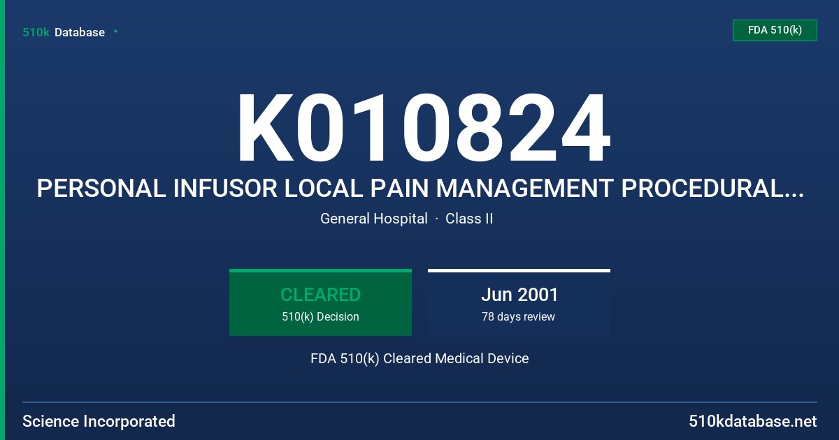 K010824 PERSONAL INFUSOR LOCAL PAIN MANAGEMENT PROCEDURAL KIT FDA 510(k) Cleared Medical Device