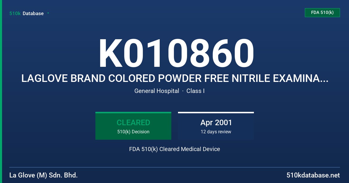K010860 LAGLOVE BRAND COLORED POWDER FREE NITRILE EXAMINATION GLOVES (GREEN/PURPLE) FDA 510(k) Cleared Medical Device
