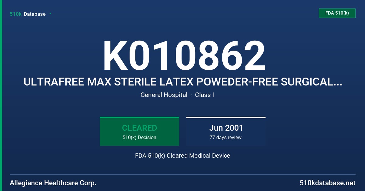 K010862 ULTRAFREE MAX STERILE LATEX POWEDER-FREE SURGICAL GLOVES WITH PROTEIN LABELING CLAIM, 50 PER GRAM OR LESS OF TOTAL WATER FDA 510(k) Cleared Medical Device