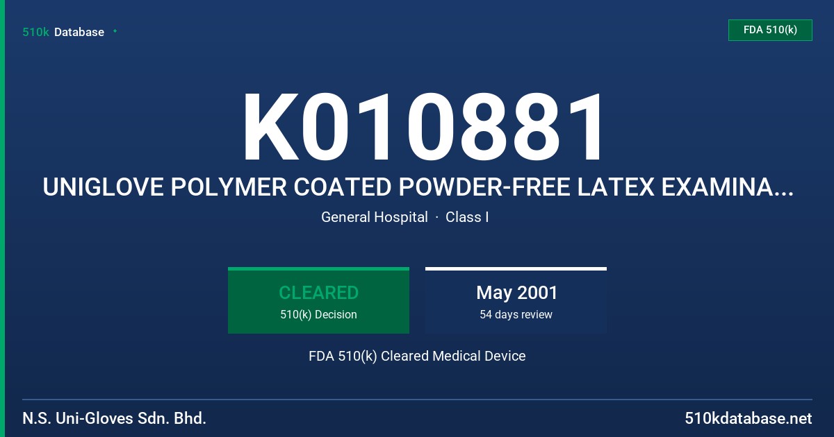 K010881 UNIGLOVE POLYMER COATED POWDER-FREE LATEX EXAMINATION GLOVES WITH PROTEIN CONTENT LABELING CLAIM (50 MICROGRAMS OR LESS) FDA 510(k) Cleared Medical Device