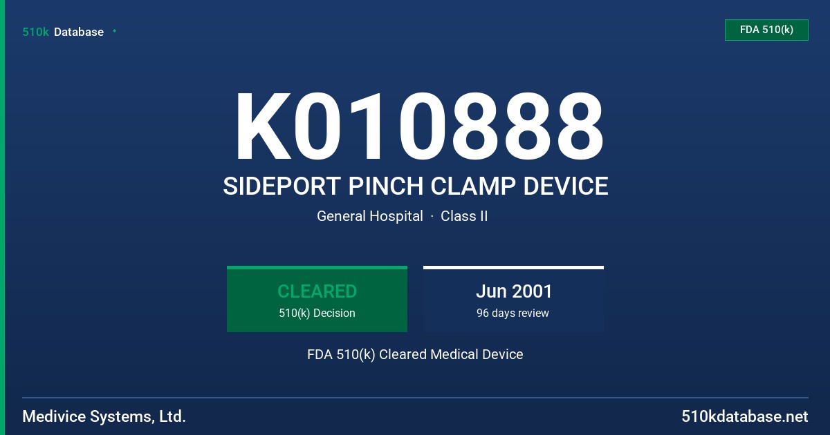 K010888 SIDEPORT PINCH CLAMP DEVICE FDA 510(k) Cleared Medical Device