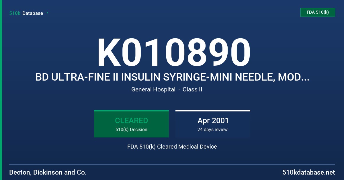 K010890 BD ULTRA-FINE II INSULIN SYRINGE-MINI NEEDLE, MODEL 30G * 3/16 (5MM) FDA 510(k) Cleared Medical Device
