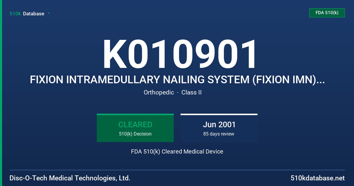 K010901 FIXION INTRAMEDULLARY NAILING SYSTEM (FIXION IMN) MODEL B FDA 510(k) Cleared Medical Device
