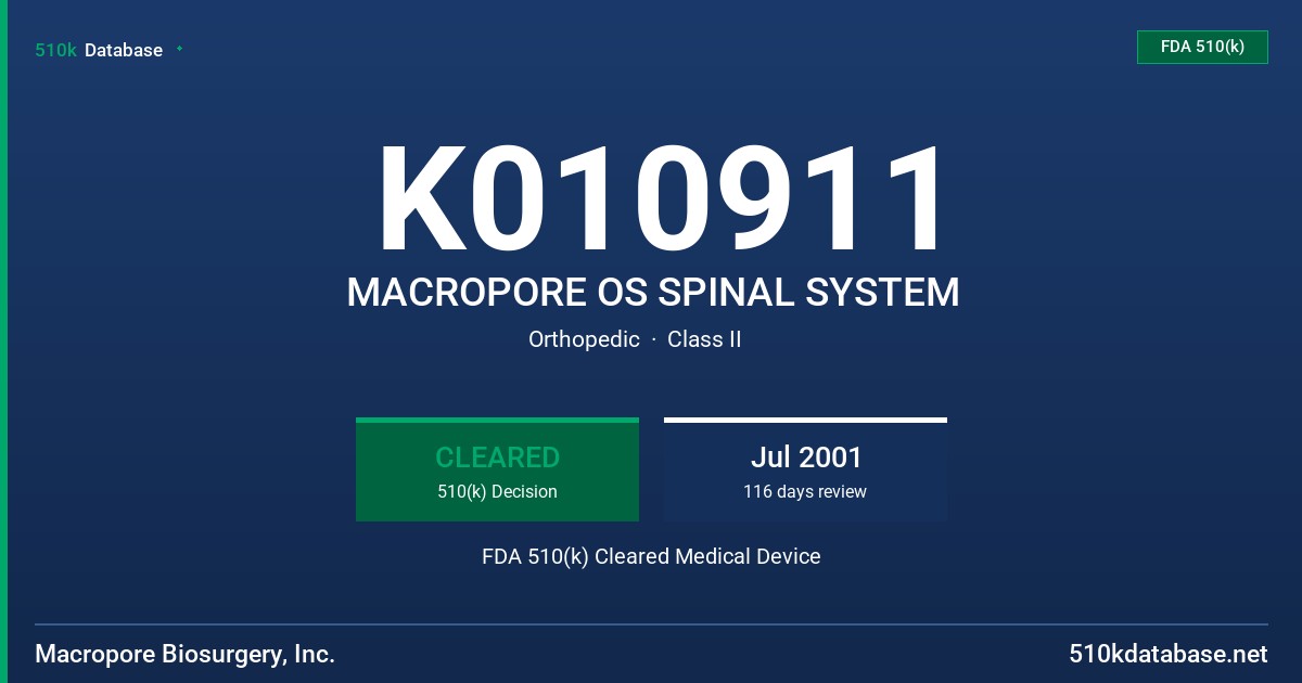 K010911 MACROPORE OS SPINAL SYSTEM FDA 510(k) Cleared Medical Device