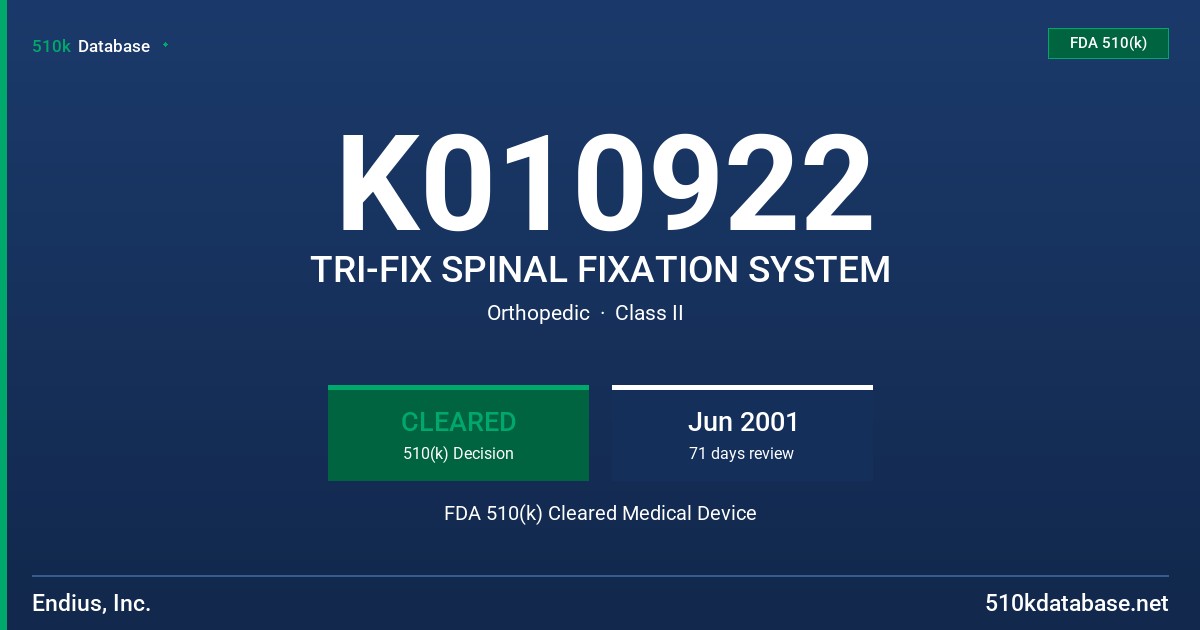 K010922 TRI-FIX SPINAL FIXATION SYSTEM FDA 510(k) Cleared Medical Device