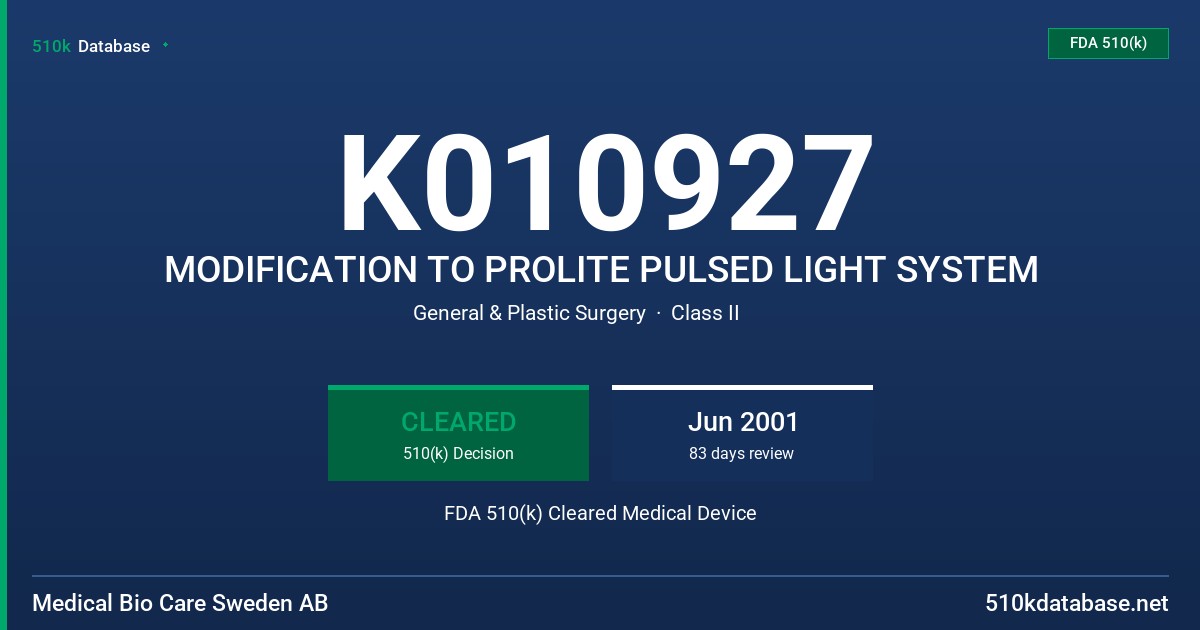 K010927 MODIFICATION TO PROLITE PULSED LIGHT SYSTEM FDA 510(k) Cleared Medical Device