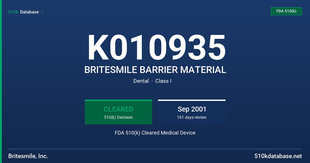 K010935 BRITESMILE BARRIER MATERIAL FDA 510(k) Cleared Medical Device