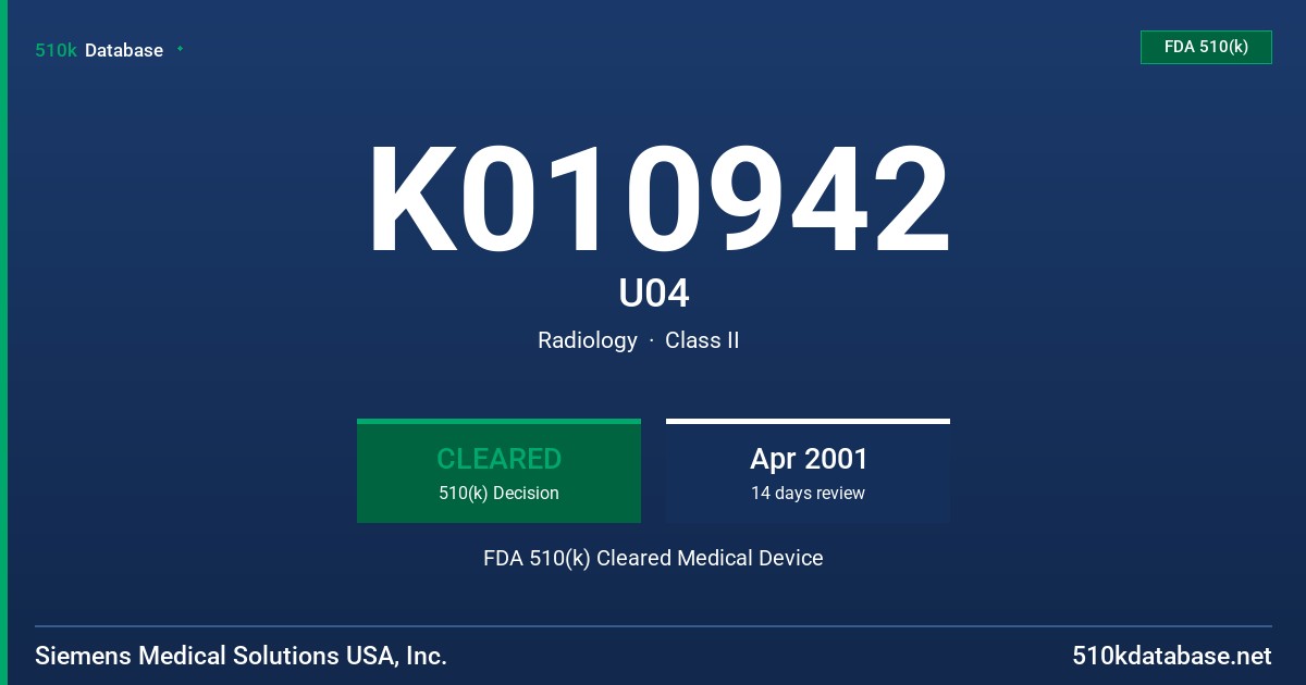 K010942 U04 FDA 510(k) Cleared Medical Device
