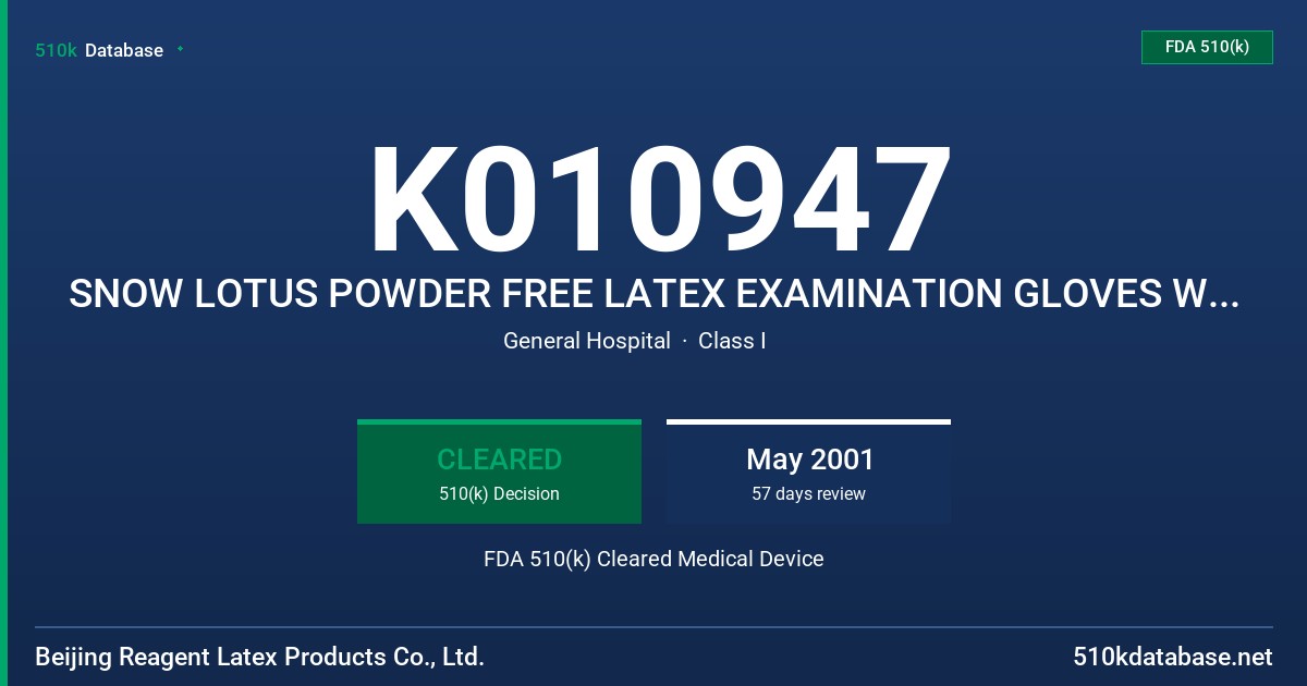K010947 SNOW LOTUS POWDER FREE LATEX EXAMINATION GLOVES WITH A PROTEIN CONTENT LABELING CLAIM (50 MICROGRAMS OR LESS) FDA 510(k) Cleared Medical Device
