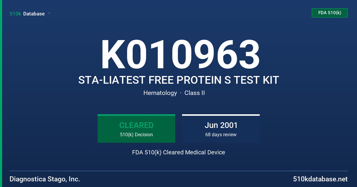 K010963 STA-LIATEST FREE PROTEIN S TEST KIT FDA 510(k) Cleared Medical Device