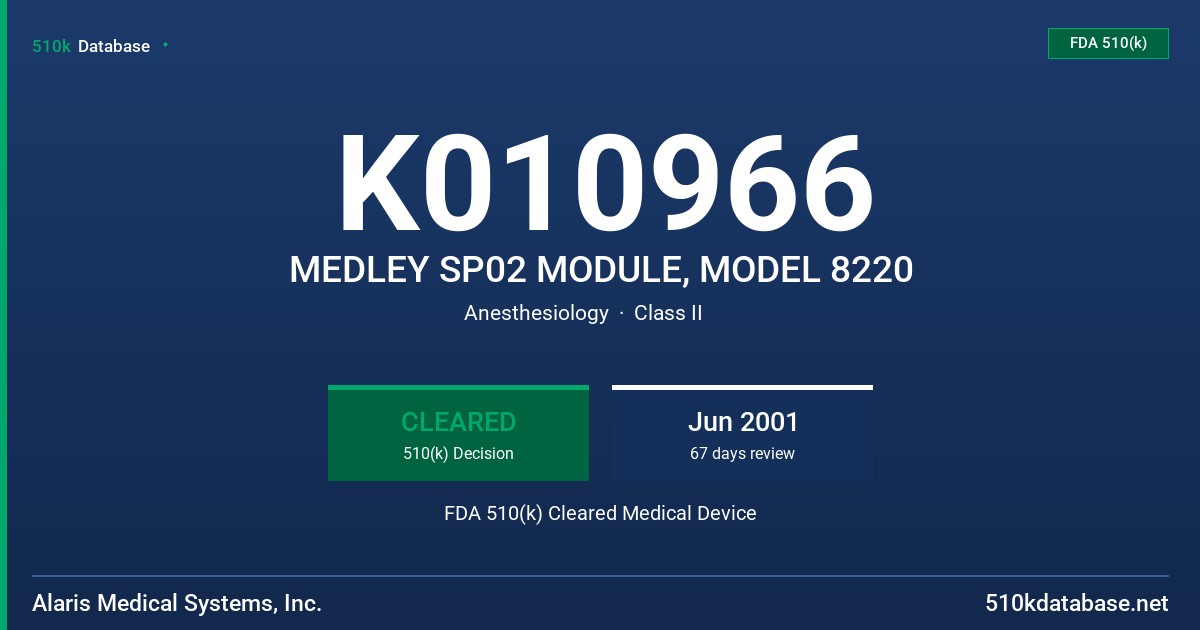 K010966 MEDLEY SP02 MODULE, MODEL 8220 FDA 510(k) Cleared Medical Device