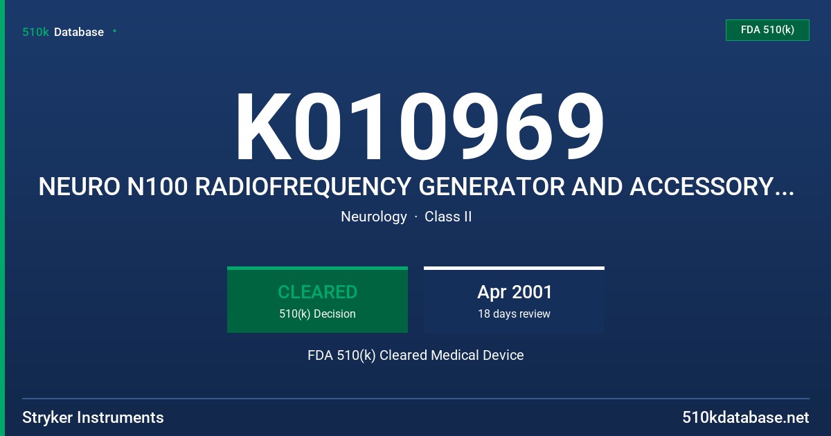 K010969 NEURO N100 RADIOFREQUENCY GENERATOR AND ACCESSORY CABLES FDA 510(k) Cleared Medical Device