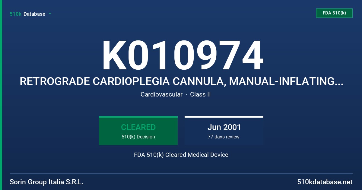 K010974 RETROGRADE CARDIOPLEGIA CANNULA, MANUAL-INFLATING, WITH MALLEABLE OR GUIDWIRE STYLET FDA 510(k) Cleared Medical Device