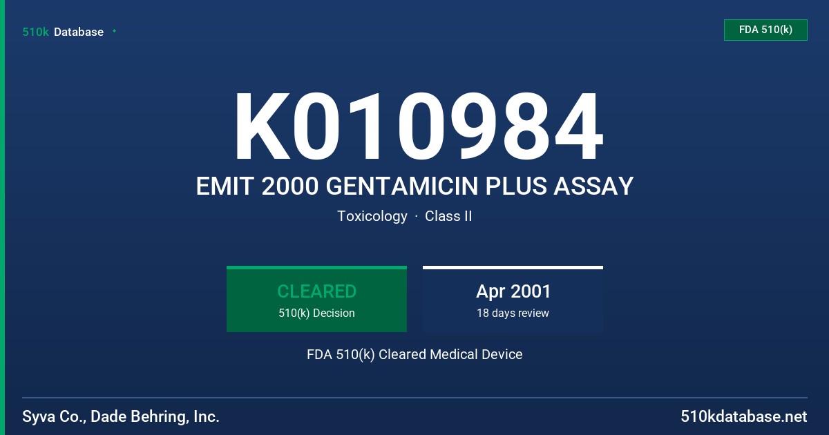K010984 EMIT 2000 GENTAMICIN PLUS ASSAY FDA 510(k) Cleared Medical Device