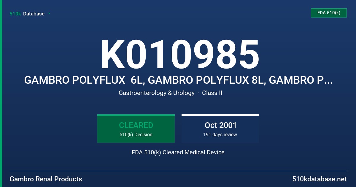 K010985 GAMBRO POLYFLUX  6L, GAMBRO POLYFLUX 8L, GAMBRO POLYFLUX 10L, MODEL 6L, 8L, 10L FDA 510(k) Cleared Medical Device