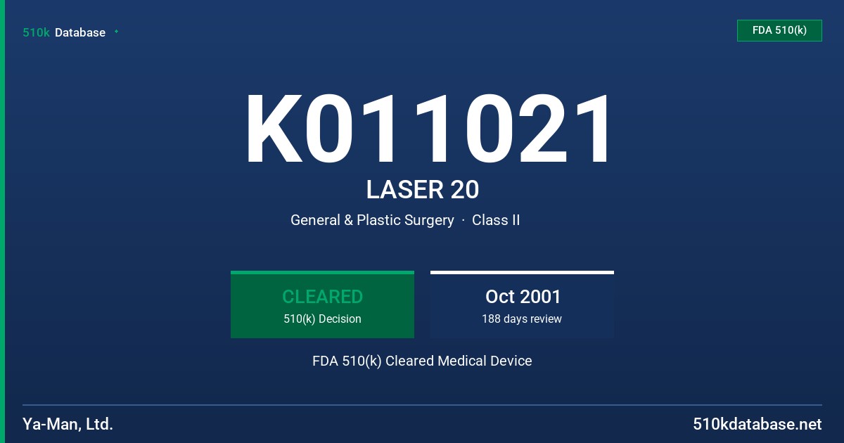 K011021 LASER 20 FDA 510(k) Cleared Medical Device