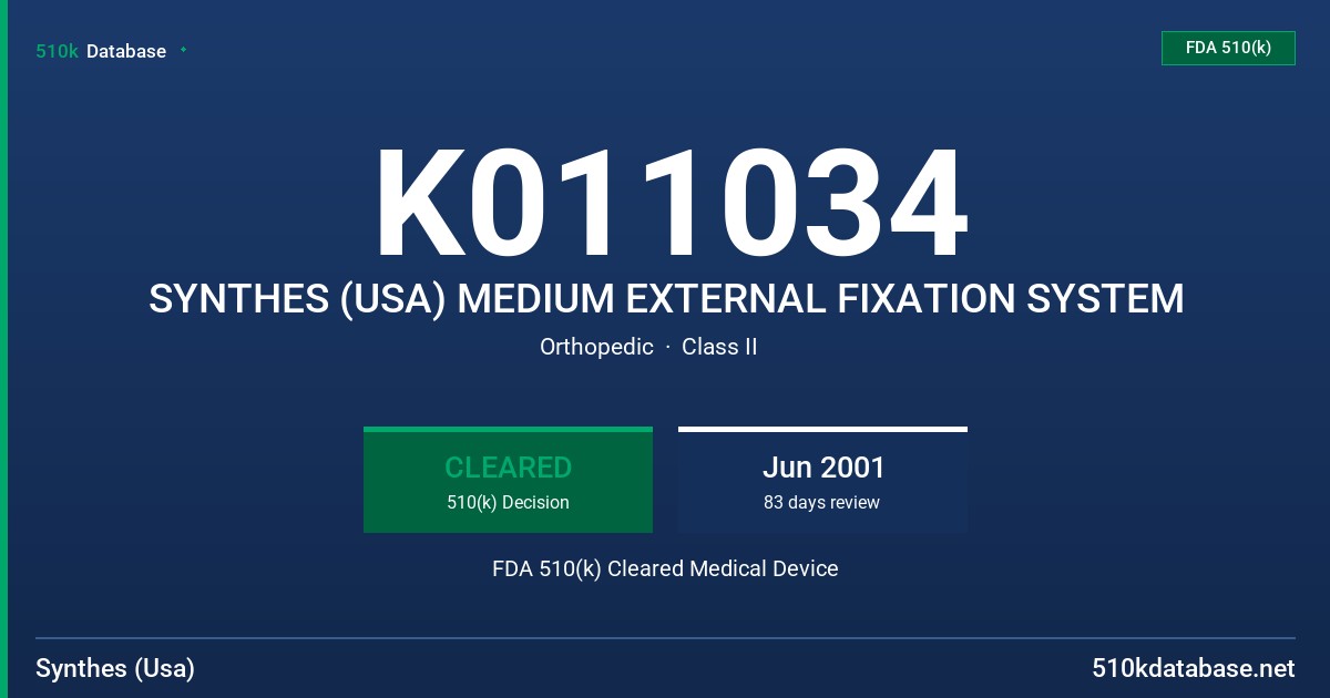 K011034 SYNTHES (USA) MEDIUM EXTERNAL FIXATION SYSTEM FDA 510(k) Cleared Medical Device
