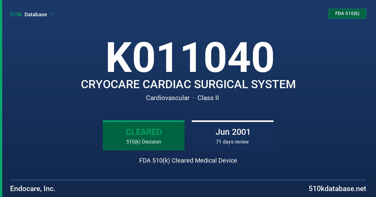 K011040 CRYOCARE CARDIAC SURGICAL SYSTEM FDA 510(k) Cleared Medical Device