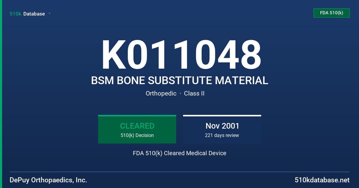 K011048 BSM BONE SUBSTITUTE MATERIAL FDA 510(k) Cleared Medical Device