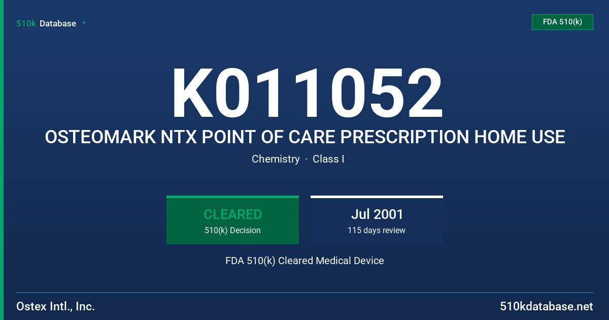 K011052 OSTEOMARK NTX POINT OF CARE PRESCRIPTION HOME USE FDA 510(k) Cleared Medical Device