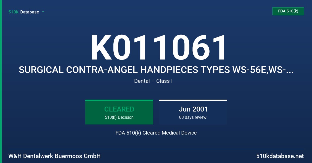 K011061 SURGICAL CONTRA-ANGEL HANDPIECES TYPES WS-56E,WS-75E/KM,WS-92 E/3,SURGICAL STRAIGHT HANDPIECES TYPES, S-9, S-10, S-11 FDA 510(k) Cleared Medical Device