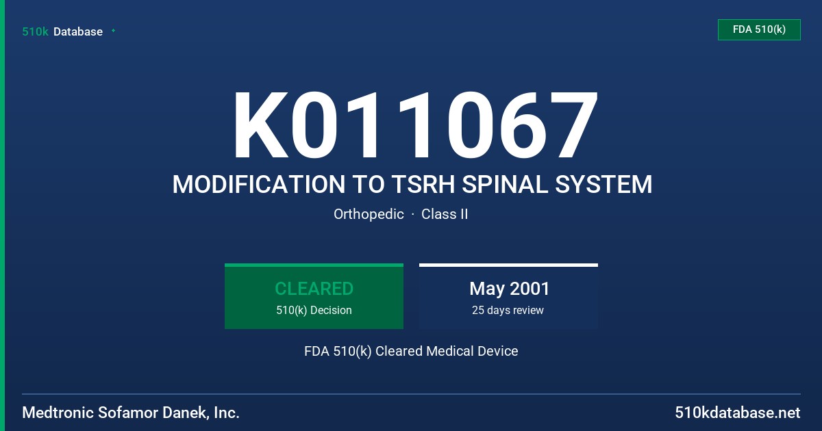 K011067 MODIFICATION TO TSRH SPINAL SYSTEM FDA 510(k) Cleared Medical Device